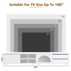 Meuble TV moderne avec porte en verre cannelé pour téléviseurs jusqu'à 100 pouces, console multimédia avec porte coulissante et 2 tiroirs