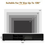 Meuble TV moderne avec porte en verre cannelé pour téléviseurs jusqu'à 100 pouces, console multimédia avec porte coulissante et 2 tiroirs