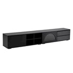 Meuble TV moderne avec porte en verre cannelé pour téléviseurs jusqu'à 100 pouces, console multimédia avec porte coulissante et 2 tiroirs