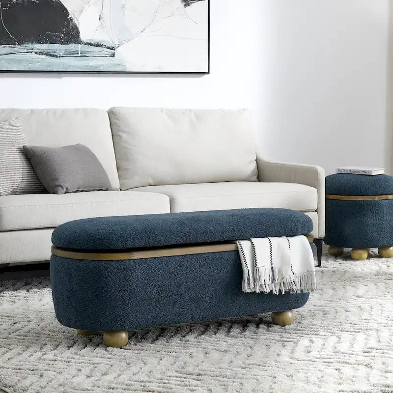 Banc coffre de rangement rembourré Clara avec pieds ovales robustes en bois