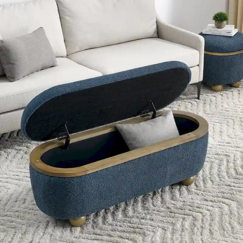 Banc coffre de rangement rembourré Clara avec pieds ovales robustes en bois