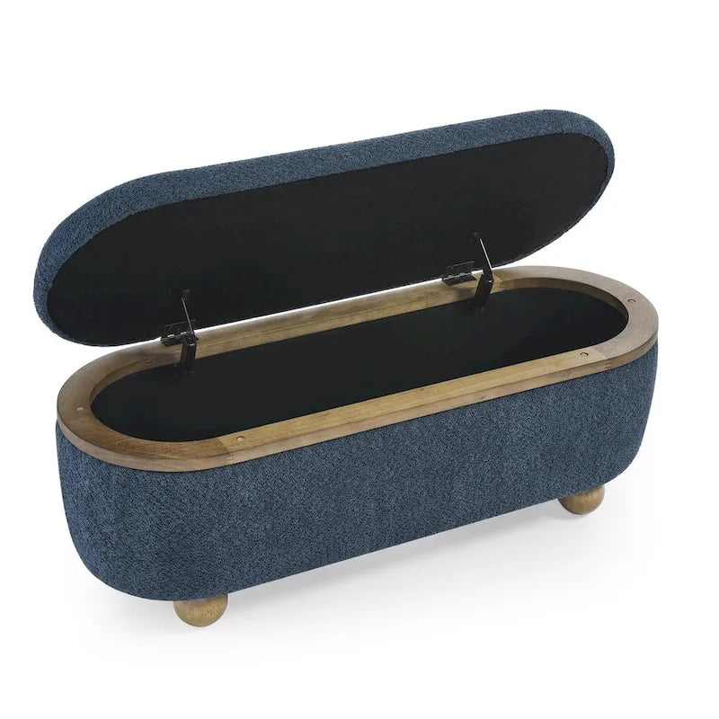 Banc coffre de rangement rembourré Clara avec pieds ovales robustes en bois