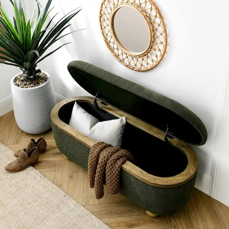 Banc coffre de rangement rembourré Clara avec pieds ovales robustes en bois