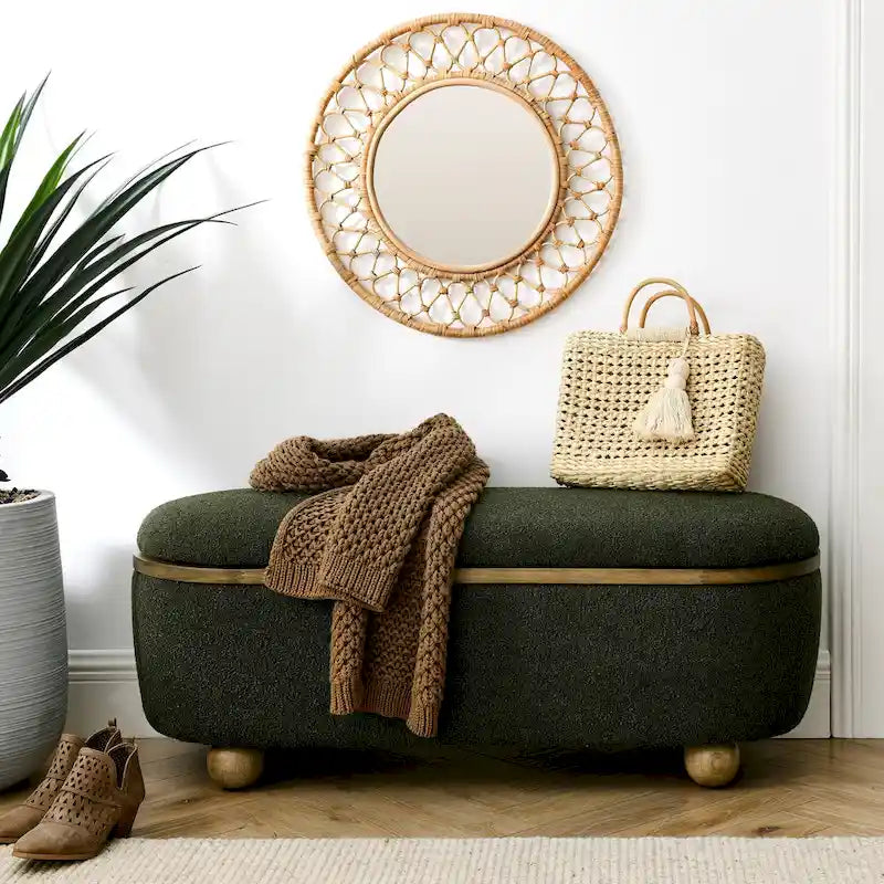 Banc coffre de rangement rembourré Clara avec pieds ovales robustes en bois