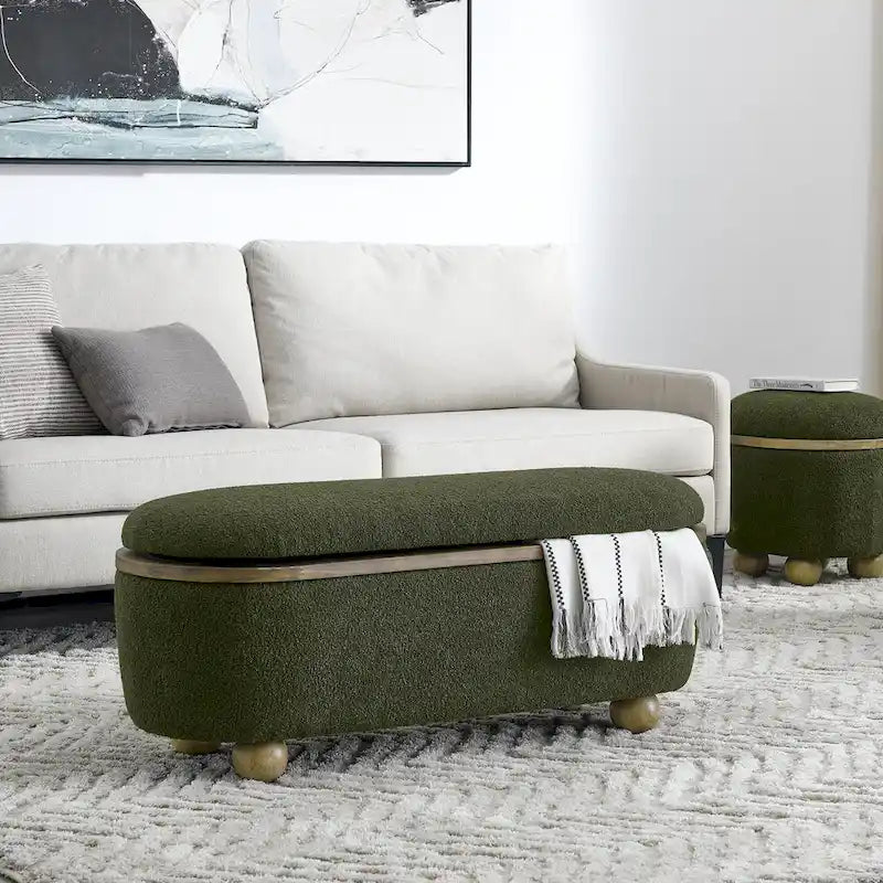 Banc coffre de rangement rembourré Clara avec pieds ovales robustes en bois