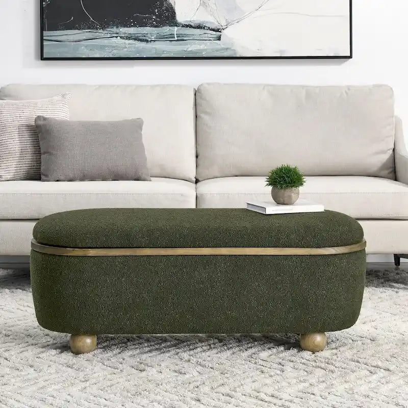 Banc coffre de rangement rembourré Clara avec pieds ovales robustes en bois