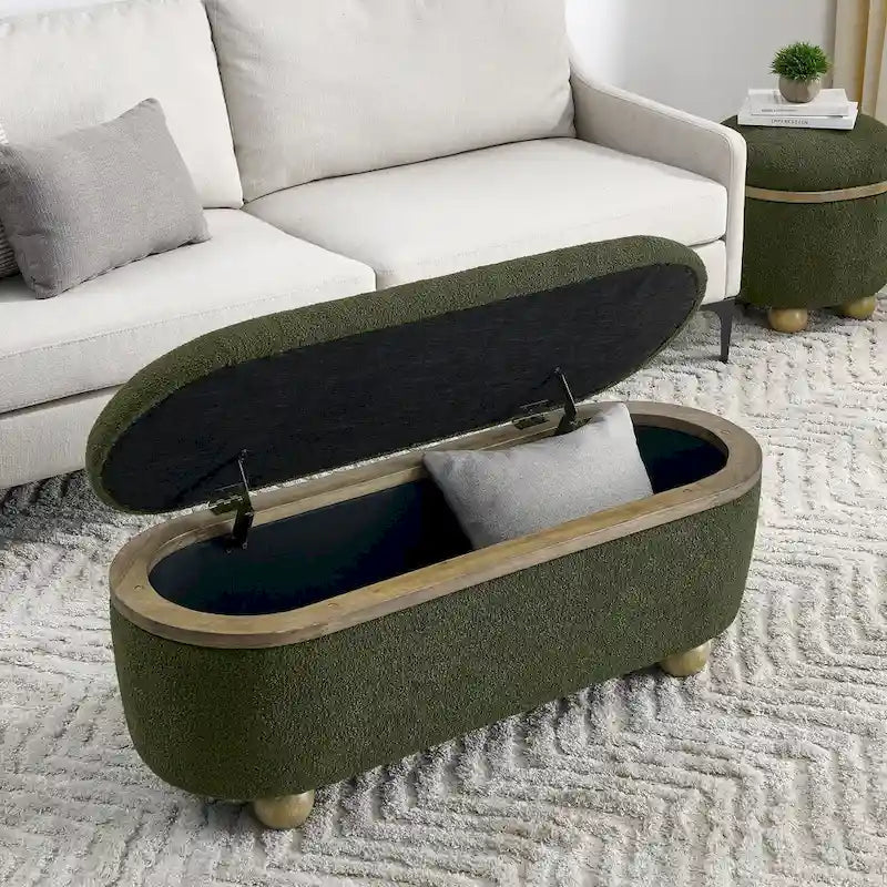 Banc coffre de rangement rembourré Clara avec pieds ovales robustes en bois