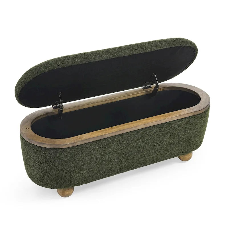 Banc coffre de rangement rembourré Clara avec pieds ovales robustes en bois