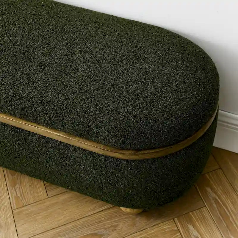 Banc coffre de rangement rembourré Clara avec pieds ovales robustes en bois
