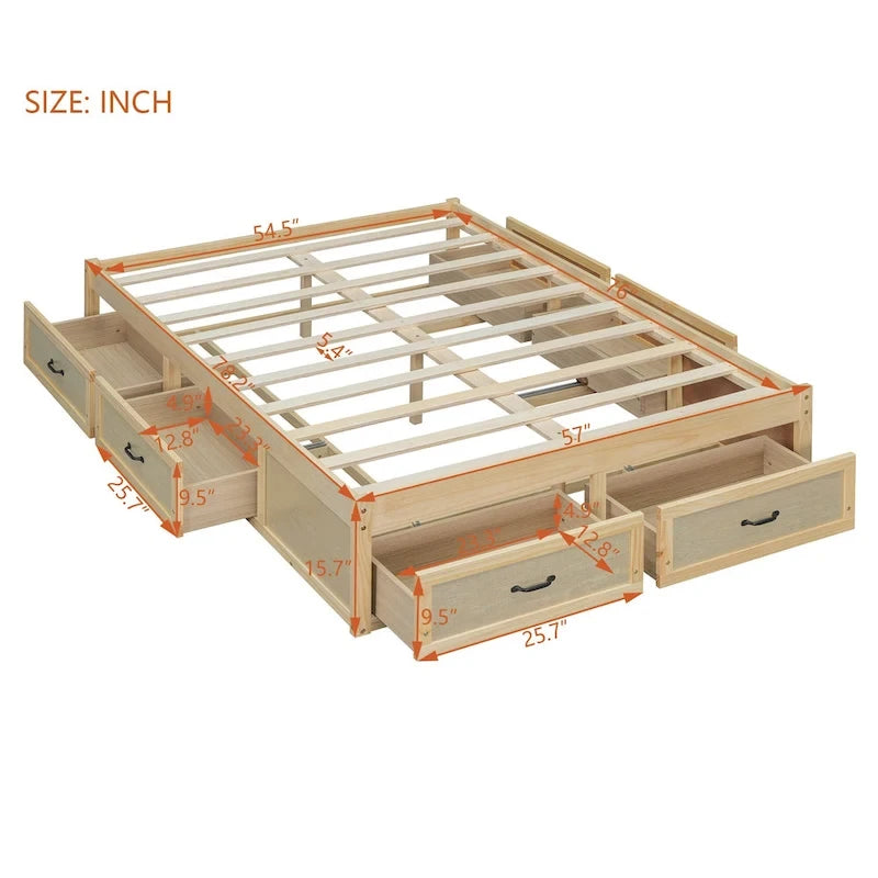 Lit plate-forme double avec 6 tiroirs de rangement, assemblage requis