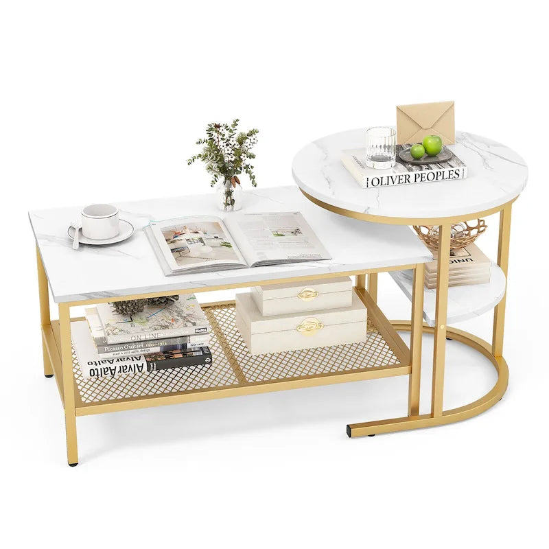 Gymax Lot de 2 tables basses gigognes avec plateau effet marbre détachable et