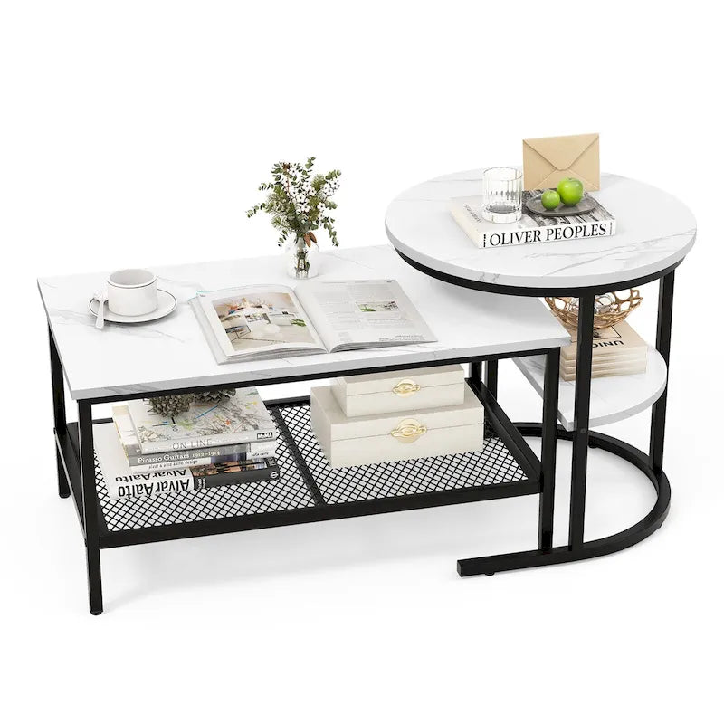 Gymax Lot de 2 tables basses gigognes avec plateau effet marbre détachable et