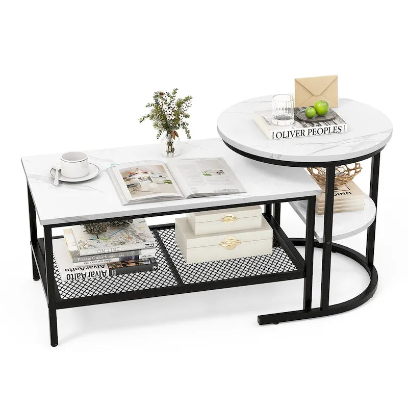 Gymax Nesting Coffee Table Set of 2 Faux Marble Top Detachable w/