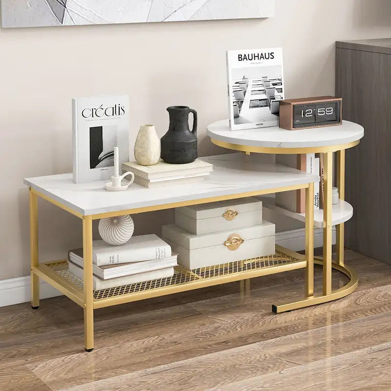 Gymax Lot de 2 tables basses gigognes avec plateau effet marbre détachable et