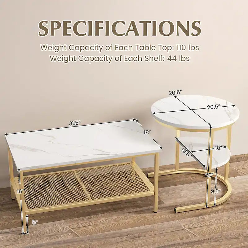 Gymax Lot de 2 tables basses gigognes avec plateau effet marbre détachable et