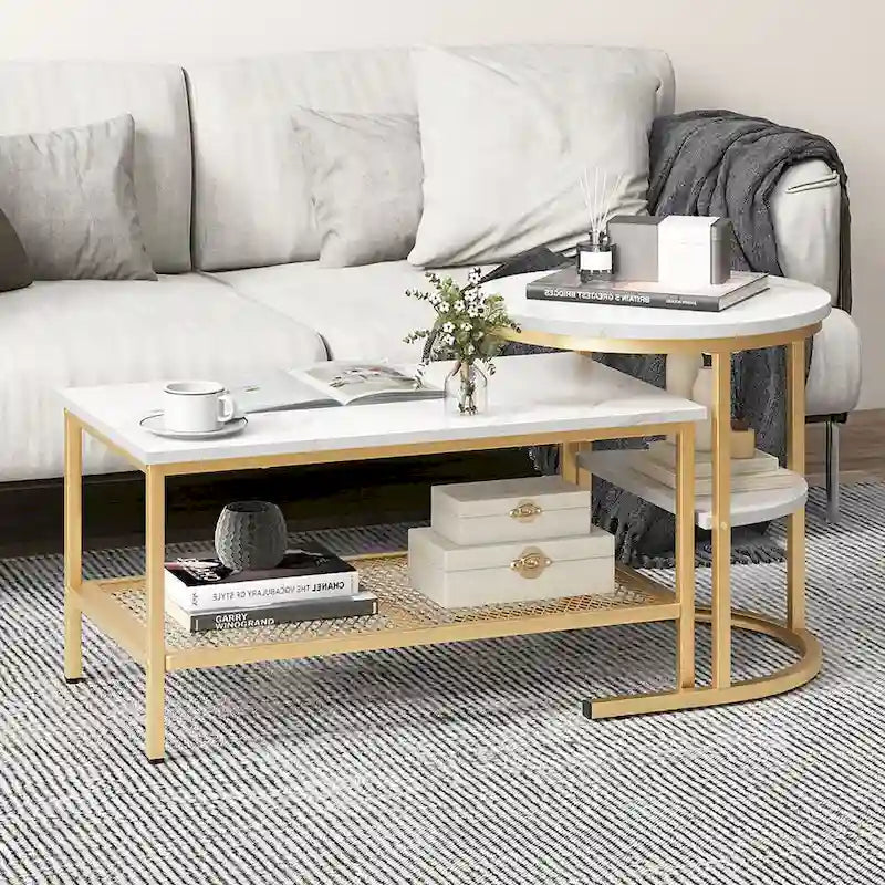 Gymax Lot de 2 tables basses gigognes avec plateau effet marbre détachable et