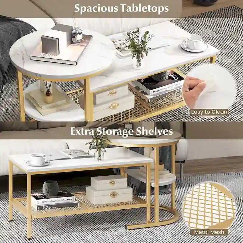Gymax Lot de 2 tables basses gigognes avec plateau effet marbre détachable et