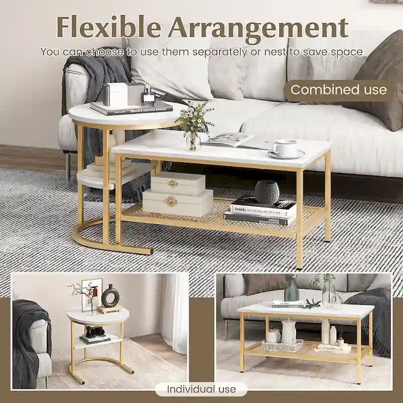 Gymax Lot de 2 tables basses gigognes avec plateau effet marbre détachable et