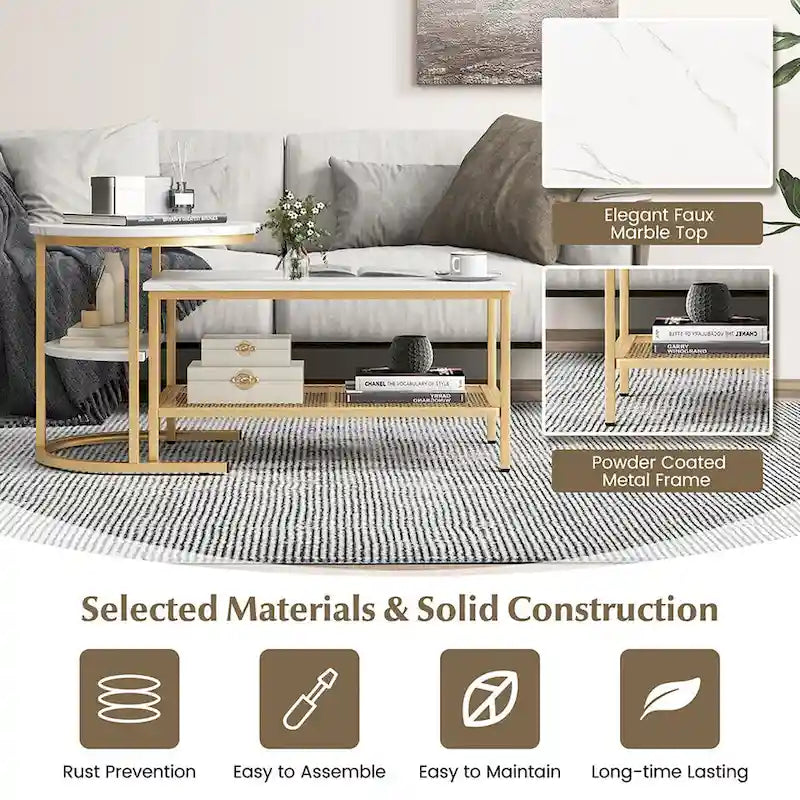 Gymax Lot de 2 tables basses gigognes avec plateau effet marbre détachable et