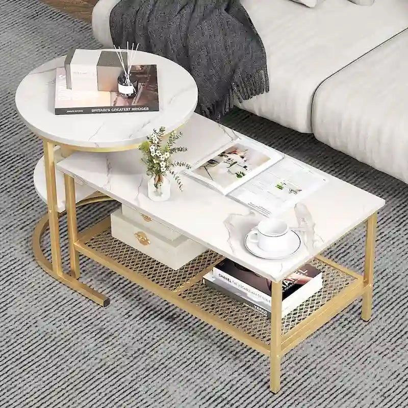 Gymax Lot de 2 tables basses gigognes avec plateau effet marbre détachable et