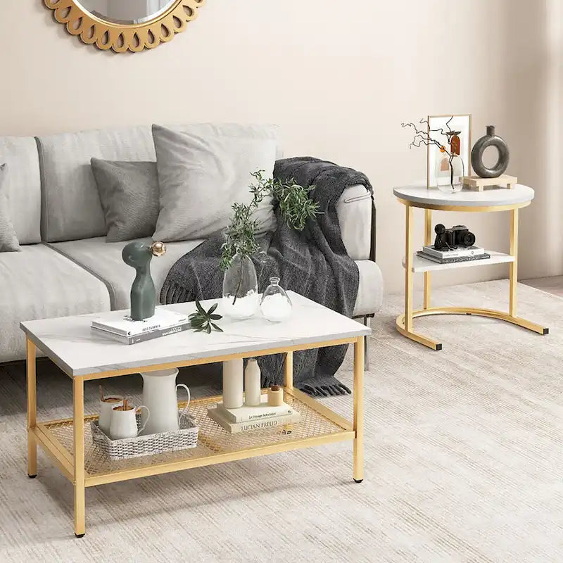 Gymax Lot de 2 tables basses gigognes avec plateau effet marbre détachable et