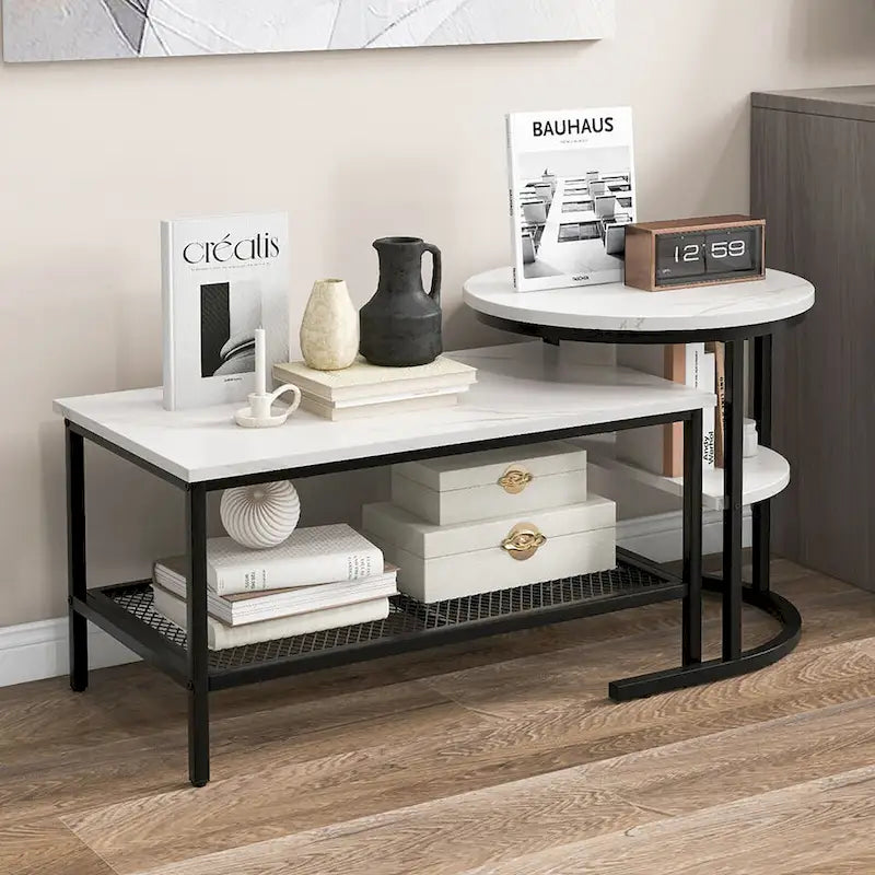 Gymax Lot de 2 tables basses gigognes avec plateau effet marbre détachable et
