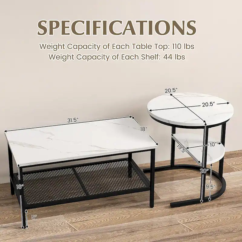 Gymax Lot de 2 tables basses gigognes avec plateau effet marbre détachable et