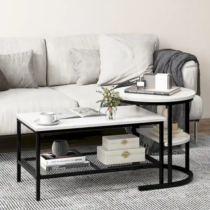Gymax Lot de 2 tables basses gigognes avec plateau effet marbre détachable et