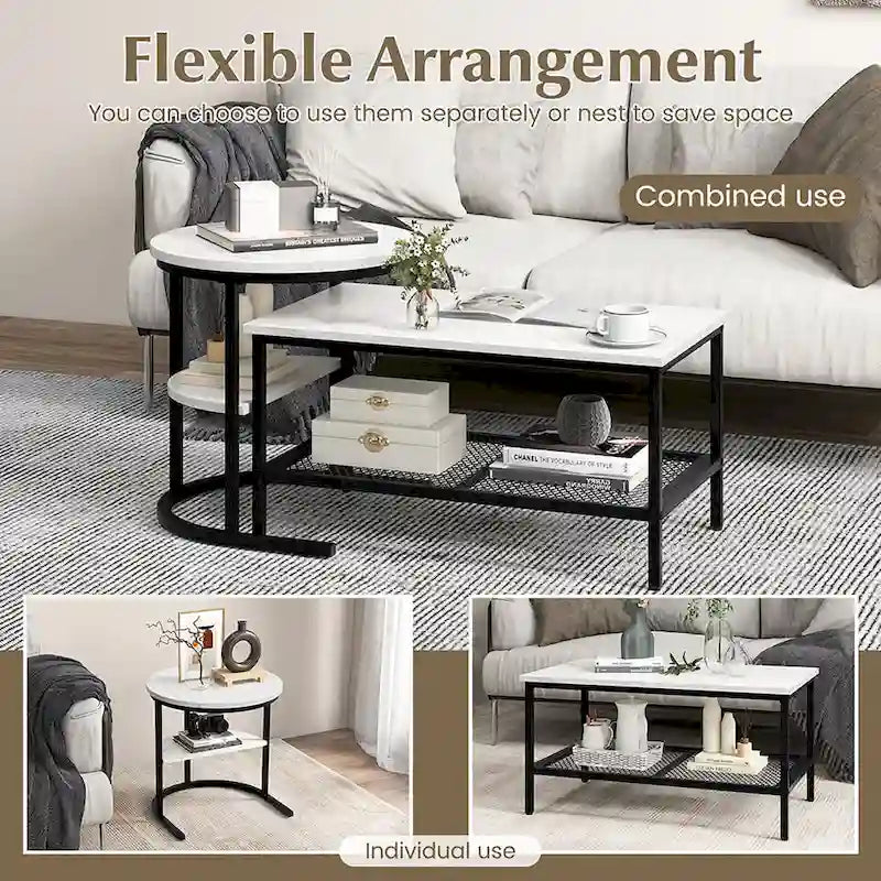 Gymax Lot de 2 tables basses gigognes avec plateau effet marbre détachable et