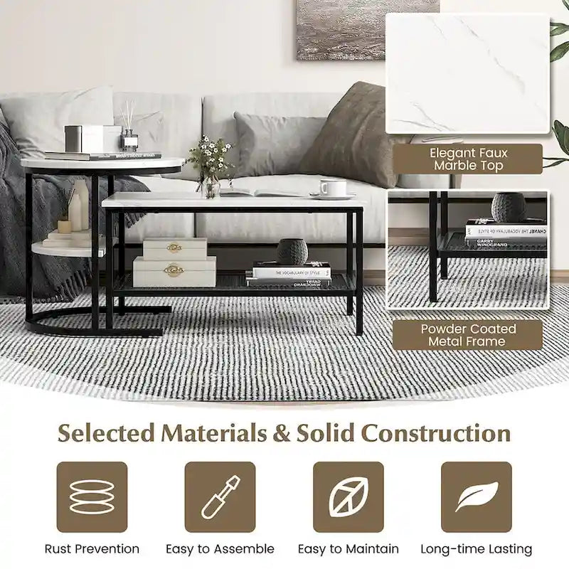 Gymax Lot de 2 tables basses gigognes avec plateau effet marbre détachable et