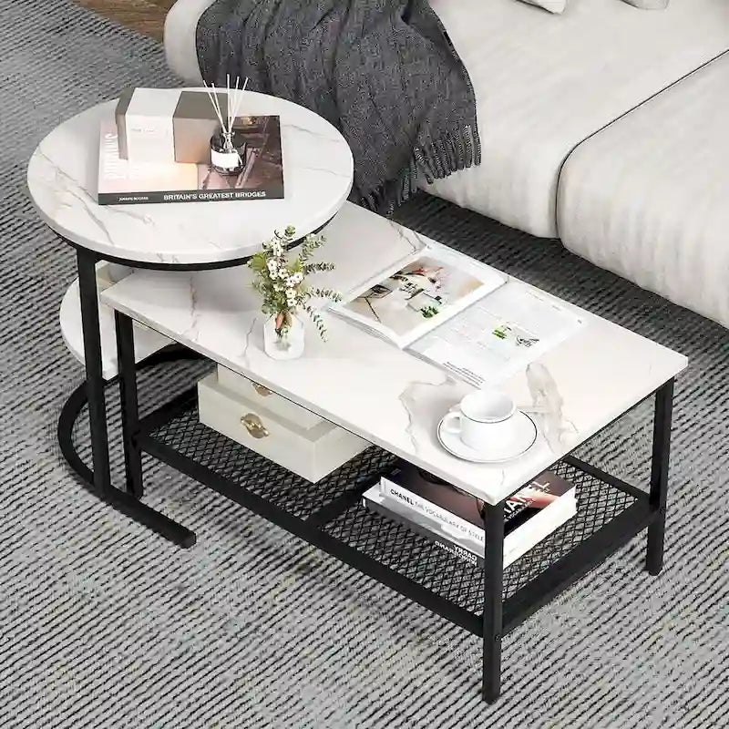 Gymax Lot de 2 tables basses gigognes avec plateau effet marbre détachable et