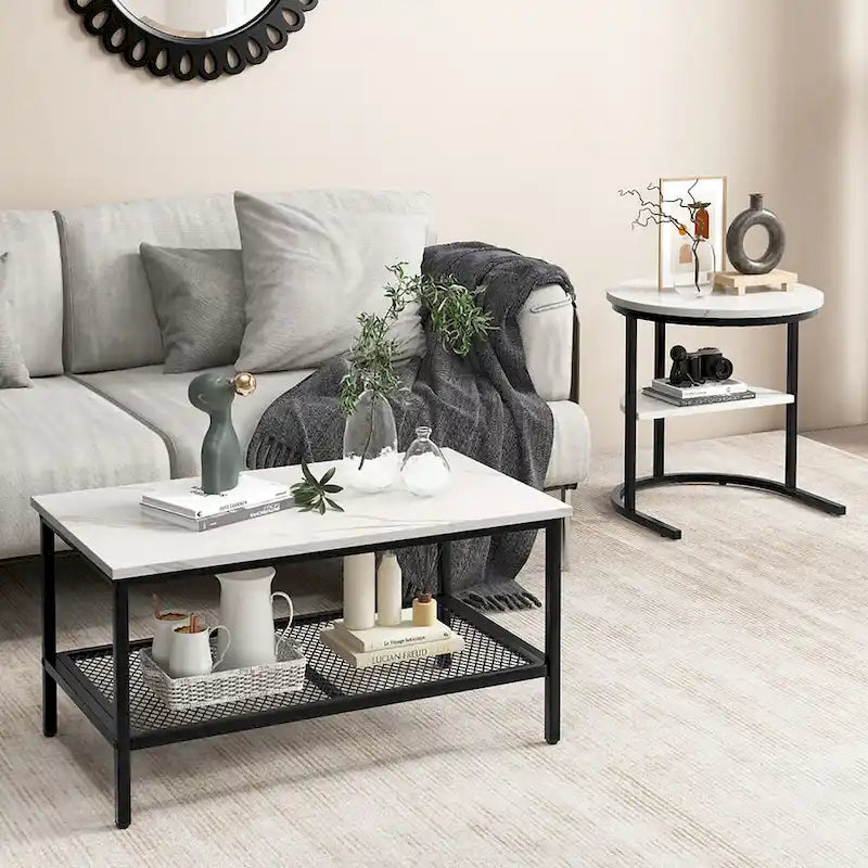 Gymax Lot de 2 tables basses gigognes avec plateau effet marbre détachable et