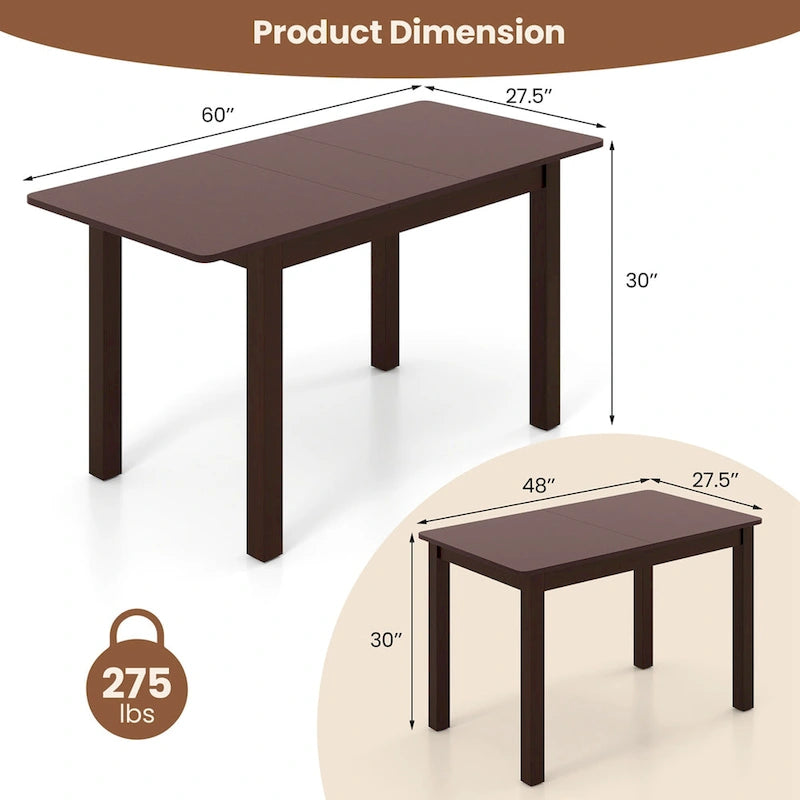 Table à manger extensible Costway, table pliante en bois d'hévéa pour 4 personnes - Couleur cerisier - Voir détails