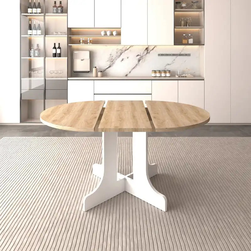 Table à manger ronde élégante de style ferme avec rallonge et piètement en X, idéale pour une salle à manger moderne