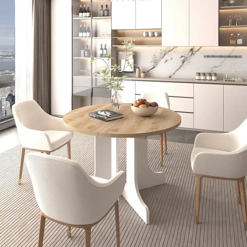 Table à manger ronde élégante de style ferme avec rallonge et piètement en X, idéale pour une salle à manger moderne