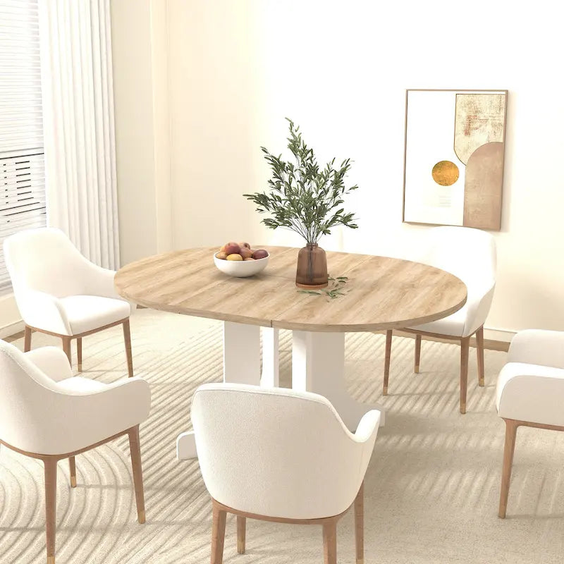 Table à manger ronde élégante de style ferme avec rallonge et piètement en X, idéale pour une salle à manger moderne