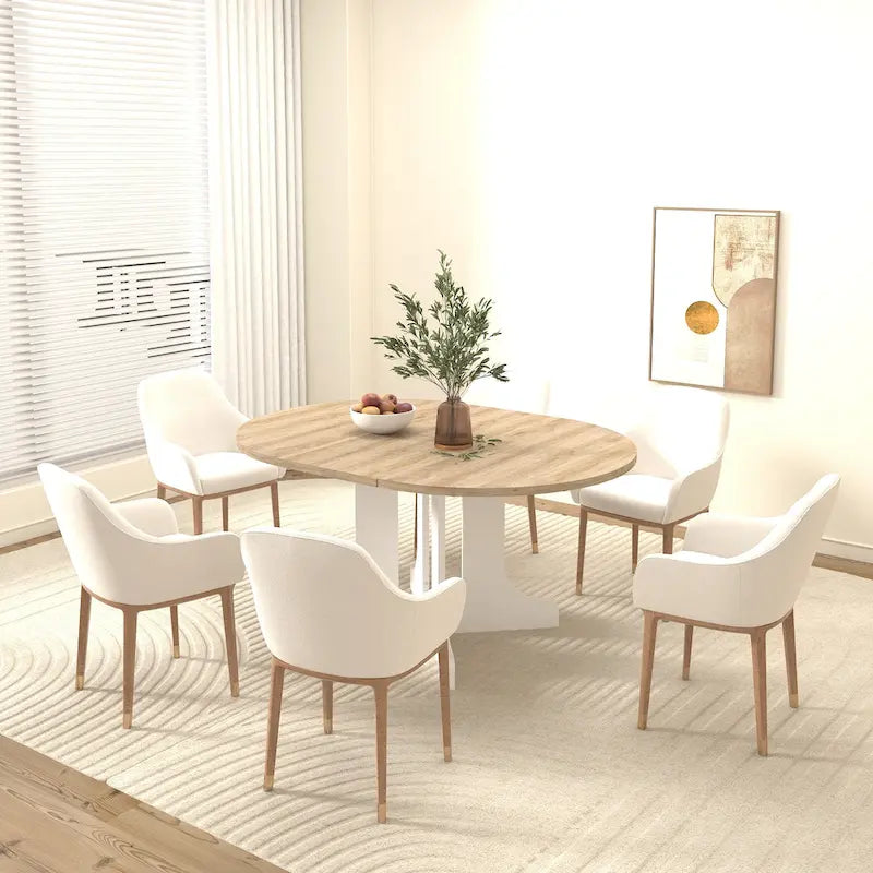 Table à manger ronde élégante de style ferme avec rallonge et piètement en X, idéale pour une salle à manger moderne