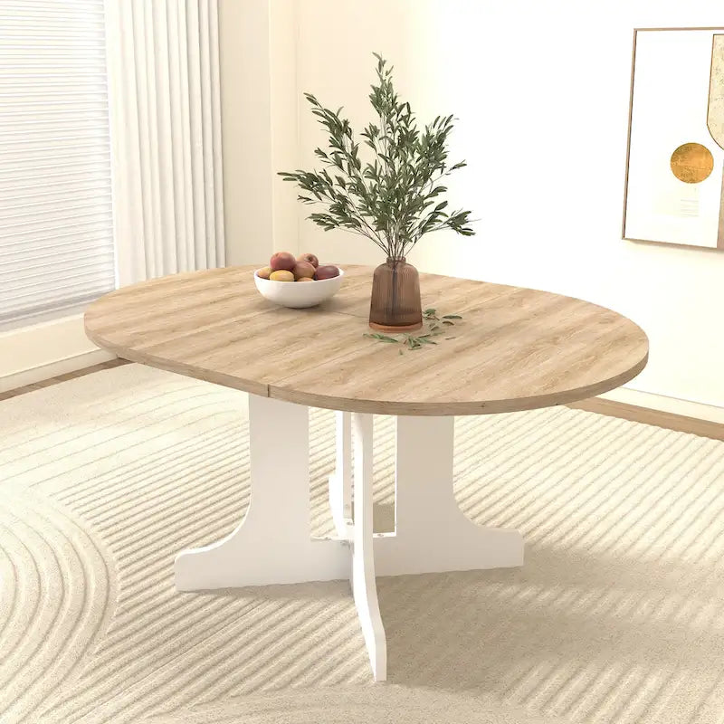 Table à manger ronde élégante de style ferme avec rallonge et piètement en X, idéale pour une salle à manger moderne