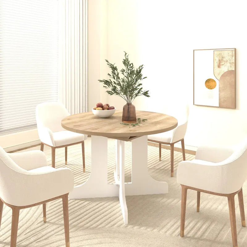 Table à manger ronde élégante de style ferme avec rallonge et piètement en X, idéale pour une salle à manger moderne