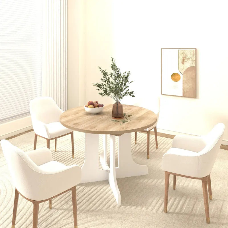 Table à manger ronde élégante de style ferme avec rallonge et piètement en X, idéale pour une salle à manger moderne