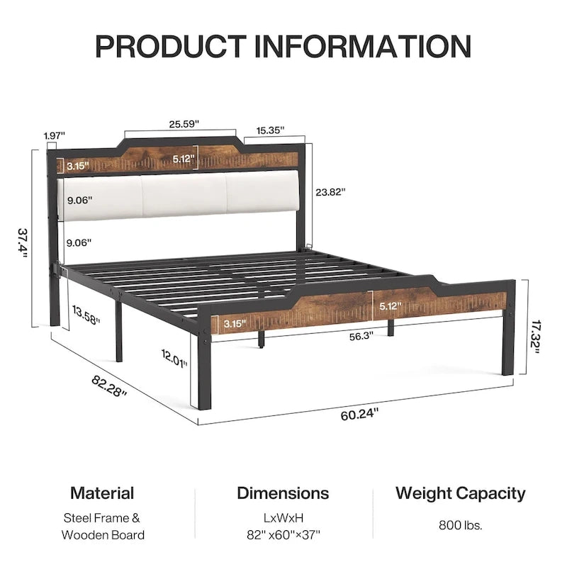 Lit Queen Size avec cadre de lit, tête et pied de lit, rangement sous le lit, marron