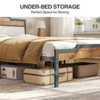 Lit Queen Size avec cadre de lit, tête et pied de lit, rangement sous le lit, marron