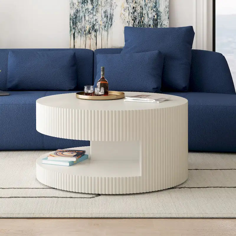 Table basse ronde à double plateau Table d'appoint moderne Table basse à rayures verticales avec rangement, pour salon
