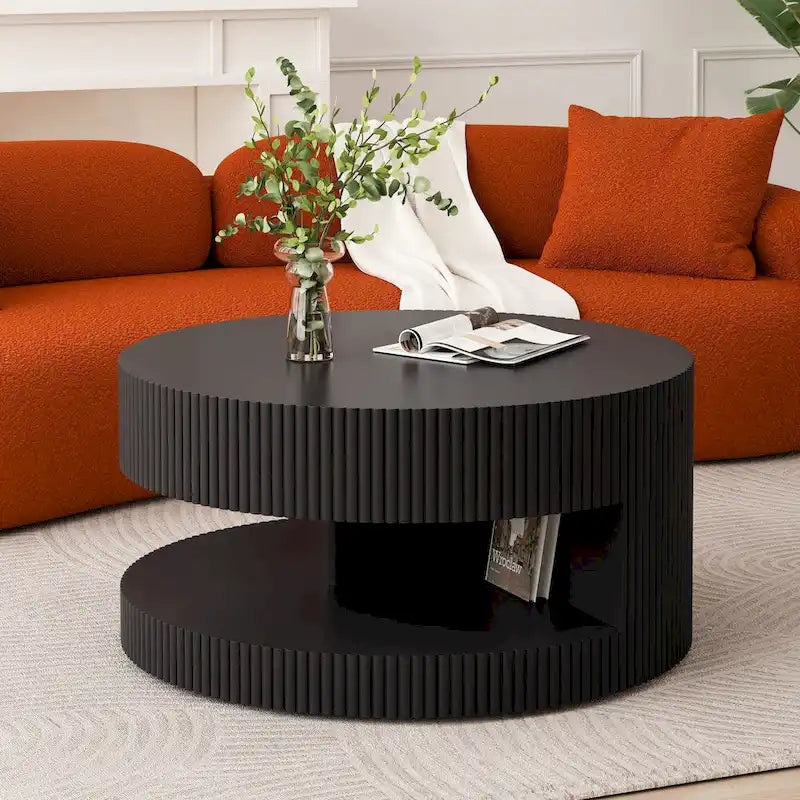 Table basse ronde à double plateau Table d'appoint moderne Table basse à rayures verticales avec rangement, pour salon