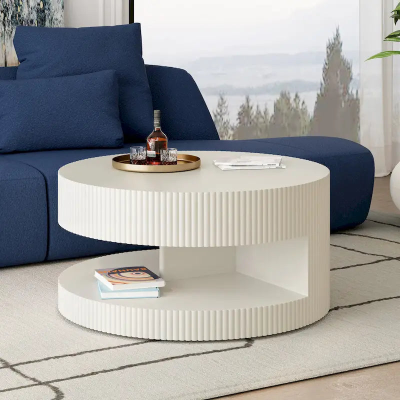 Table basse ronde à double plateau Table d'appoint moderne Table basse à rayures verticales avec rangement, pour salon