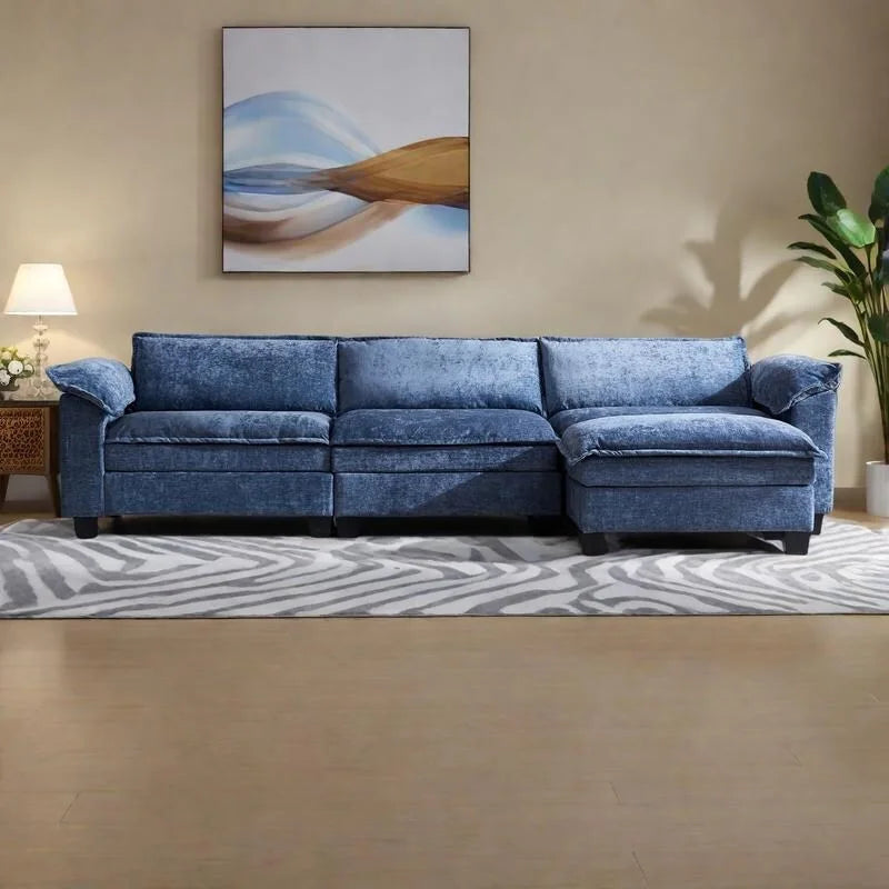 120.1 Canapé d'angle modulable en chenille avec pouf, canapé nuage 3 places avec assises profondes de 57 cm et mousse haute résilience