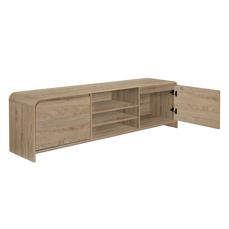 Meuble TV avec rangement – 2 tiroirs et étagères, bois beige naturel, 180 cm