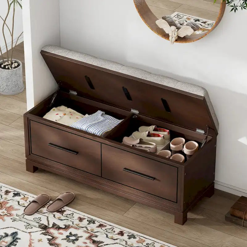 Banc à chaussures avec coussin amovible et rangement dissimulé