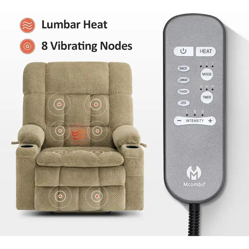 Fauteuil inclinable releveur électrique à deux moteurs avec massage et chauffage – Extra Large