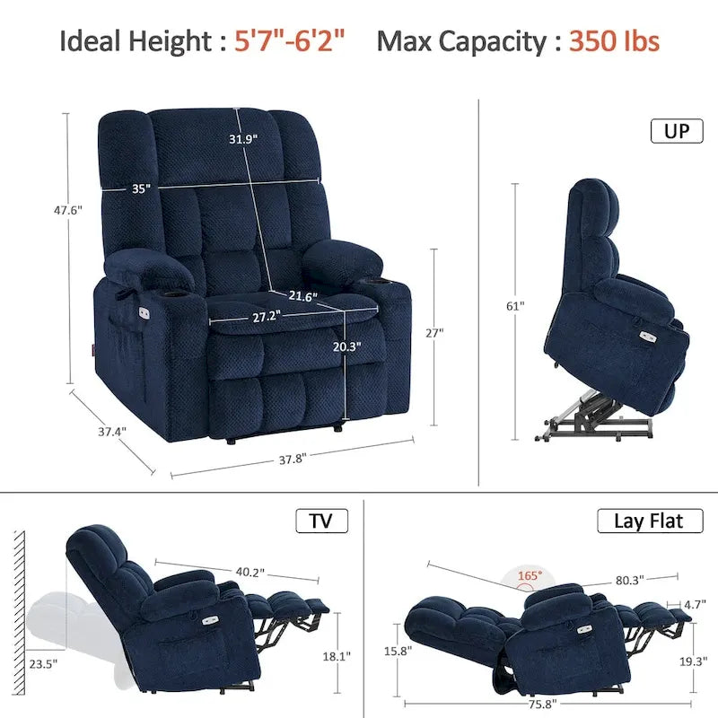 Fauteuil inclinable releveur électrique à deux moteurs avec massage et chauffage – Extra Large